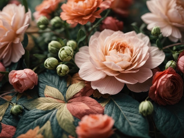 un close-up di un gruppo di fiori con foglie e fiori sullo sfondo