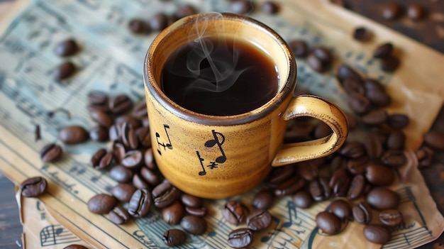 Un close-up di una tazza di caffè fumosa su un tavolo disseminato di chicchi di caffè e partiture musicali