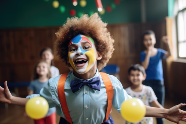 Un clown che esegue trucchi ad una festa per bambini