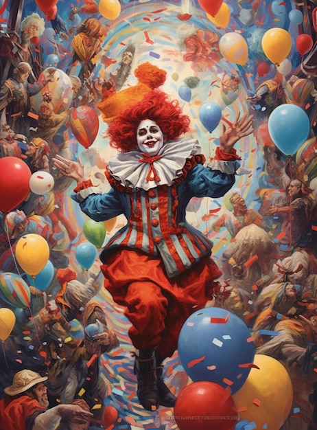 Un clown con i capelli rossi e palloncini bianchi e blu sullo sfondo.