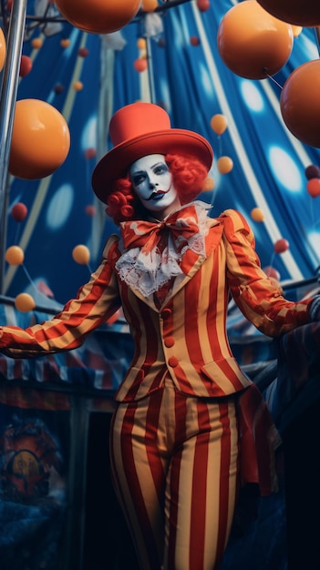 Un clown con un abito a righe si trova davanti a una giostra.