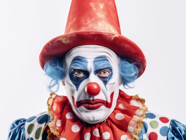 Un clown con un cappello rosso e un cappelli rosso