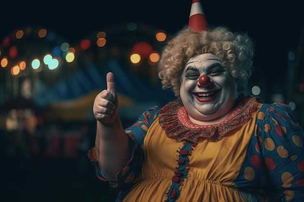 Un clown con un cappello rosso e un cappello rosso sorride alla telecamera.