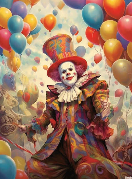 Un clown con un grande cappello e un grande cappello è in piedi davanti ai palloncini.