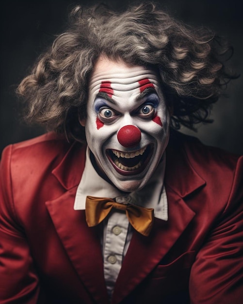 Un clown con una faccia da clown rossa e uno sfondo nero