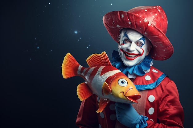 Un clown divertente con un enorme cappello stupido tiene un grosso pesce in mano su uno sfondo blu Il concetto