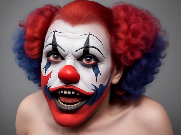 Un clown horror con i capelli rossi e blu su uno sfondo grigio