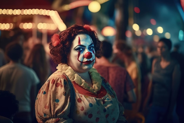Un clown in una strada buia con una folla di persone sullo sfondo.
