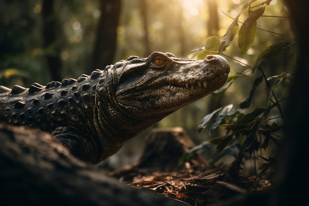 Un coccodrillo nella giungla con il sole che gli splende sulla faccia.