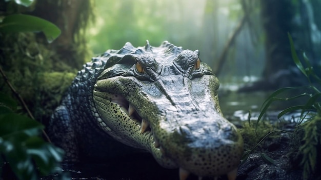 Un coccodrillo nella palude con uno sfondo di foresta