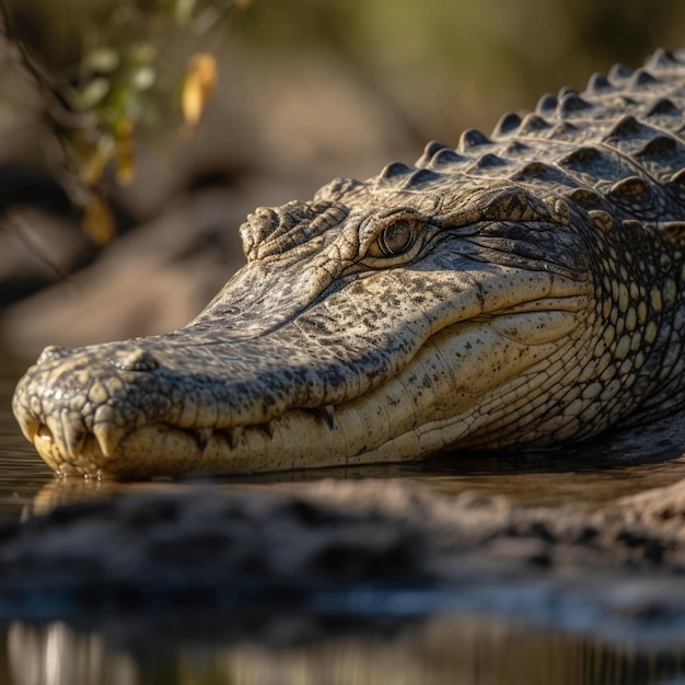 Un coccodrillo riposa nell'acqua con il sole che splende sulla sua faccia.