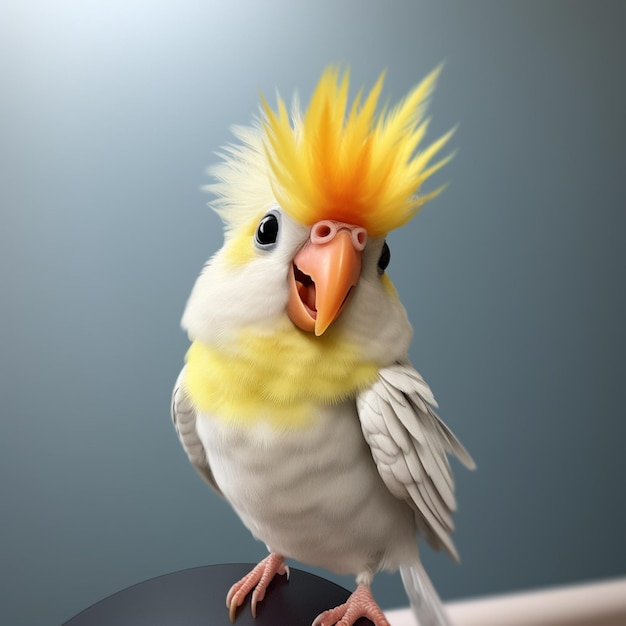 Un cockatiel bianco e giallo con un mohawk giallo siede su un tavolo nero.