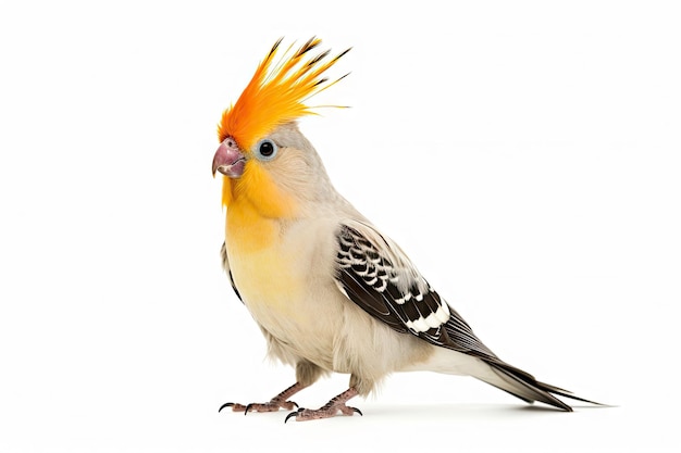 Un cockatiel con una corona gialla si trova su uno sfondo bianco.