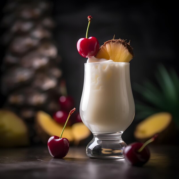 Un cocktail all'ananas con un ananas sul fondo