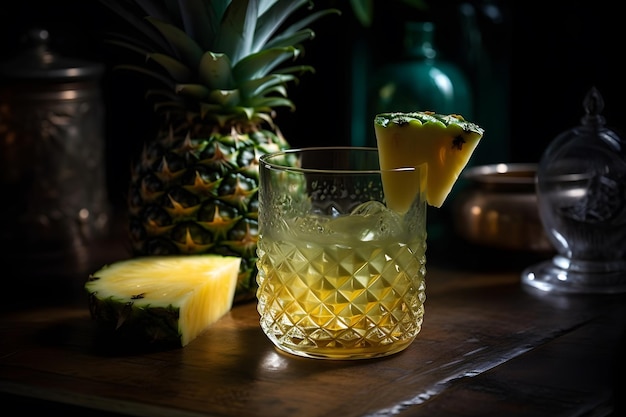 Un cocktail all'ananas con un ananas sul lato