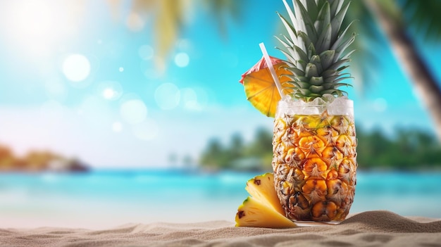 Un cocktail all'ananas con una cannuccia e una cannuccia sulla spiaggia