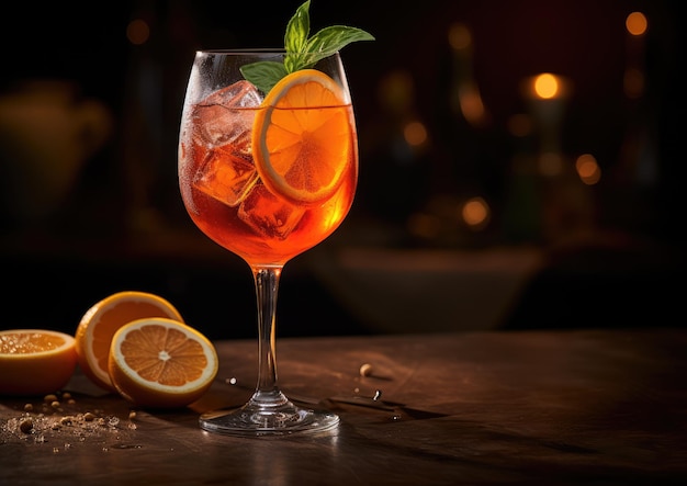 Un cocktail Aperol Spritz catturato in un alto bicchiere di vino che mostra la sua vibrante tonalità arancione