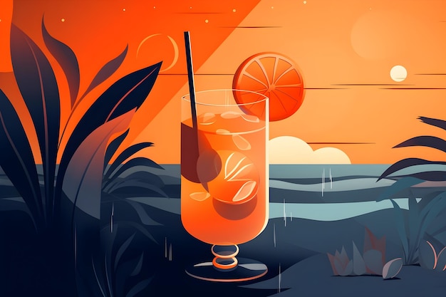 Un cocktail arancione su una spiaggia con un tramonto alle spalle