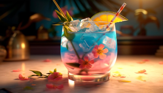 Un cocktail blu con cannuccia e fiori