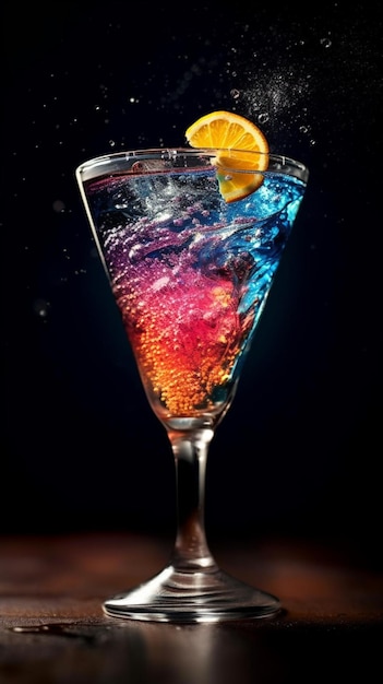 Un cocktail colorato con sopra una fetta d'arancia