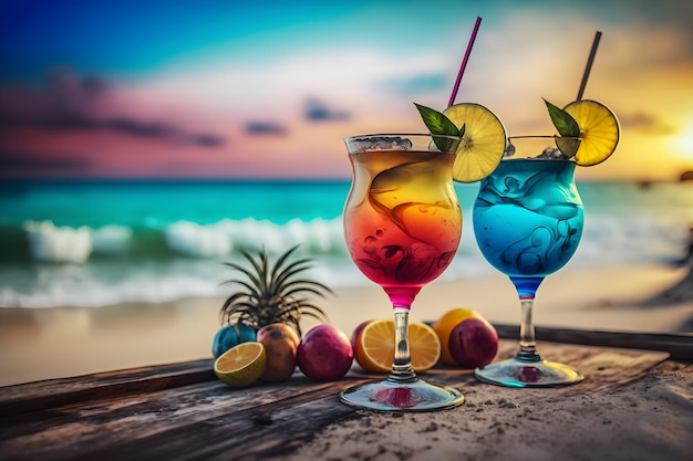 Un cocktail colorato su una spiaggia con uno sfondo di cielo colorato