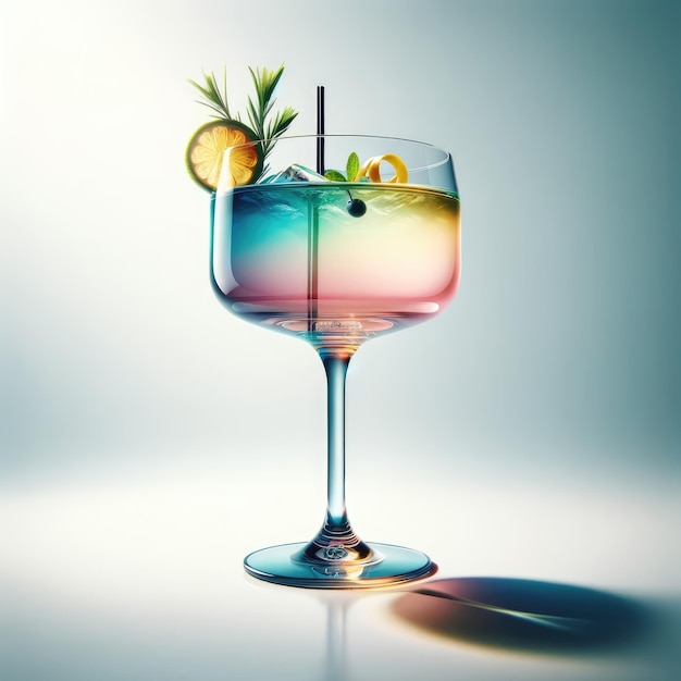 un cocktail colorato su uno sfondo bianco puro