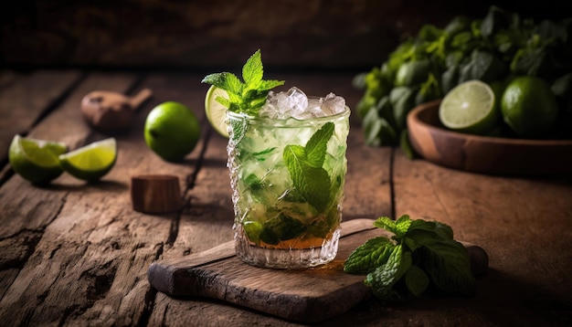 Un cocktail con foglie di menta e lime su un tavolo di legno