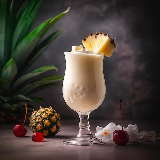 Un cocktail di ananas con ananas e ciliegie su un tavolo.