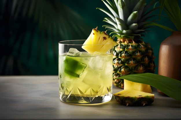 Un cocktail di ananas con ananas su un tavolo di legno