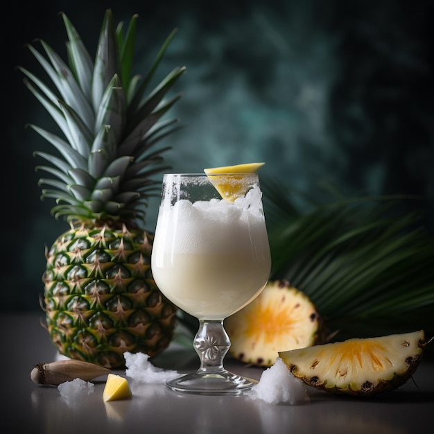 Un cocktail di ananas e ananas con ananas sul tavolo.