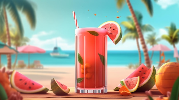 Un cocktail di anguria su una spiaggia con una cannuccia e una fetta di anguria sul tavolo