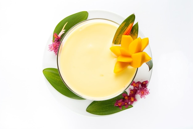 Un cocktail di mango lassi con fiori e foglie su sfondo bianco.