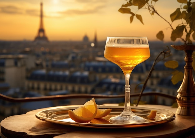 Un cocktail French 75 artigianale fotografato sullo sfondo dei monumenti parigini