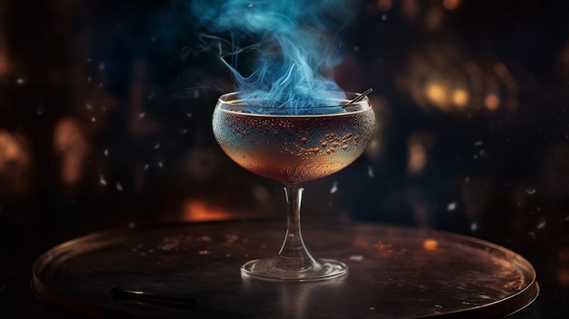 Un cocktail fumoso blu con uno sfondo scuro