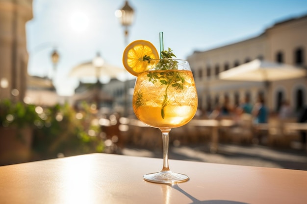 Un cocktail Hugo Spritz in un bicchiere guarnito con un ramo di menta e limone