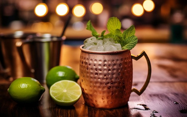 Un cocktail Moscow Mule posto sul tavolo Generative Ai