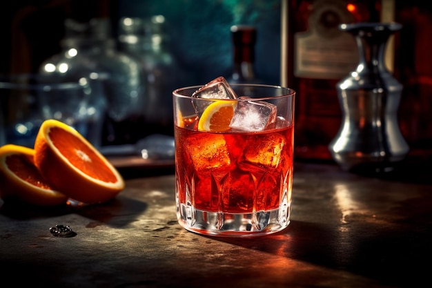 Un cocktail Negroni Sbagliato con cubetti di ghiaccio su un bancone bar