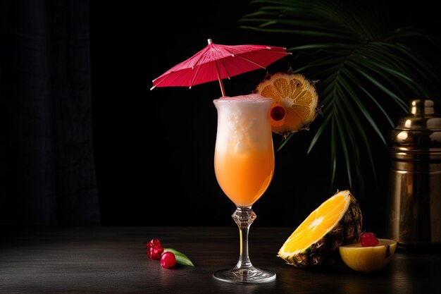 Un cocktail rinfrescante a base di succo d'ananas fresco, rum di cocco e un tocco di granatina