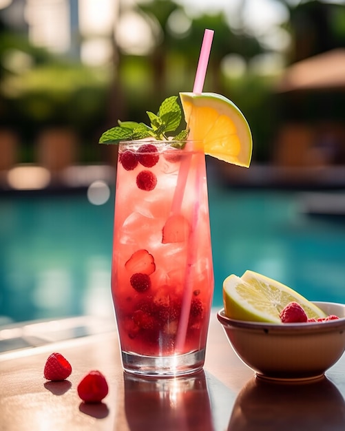 Un cocktail rosa con accanto una cannuccia e una ciotola di frutta