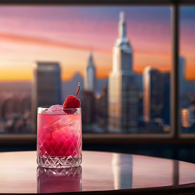 Un cocktail rosa con un lampone in cima servito in un bicchiere di cristallo