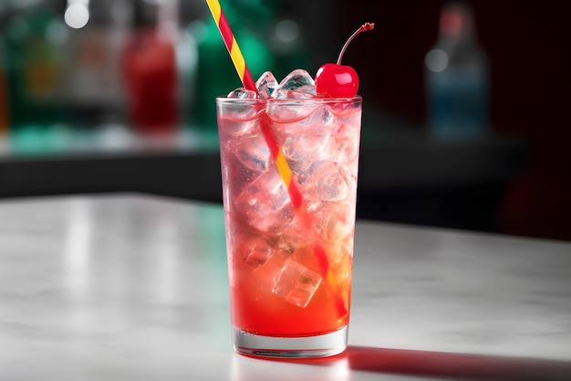 Un cocktail rosa con una cannuccia rossa e un drink rosso con una ciliegia in cima.