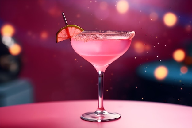 Un cocktail rosa con una fetta di lime sul bordo