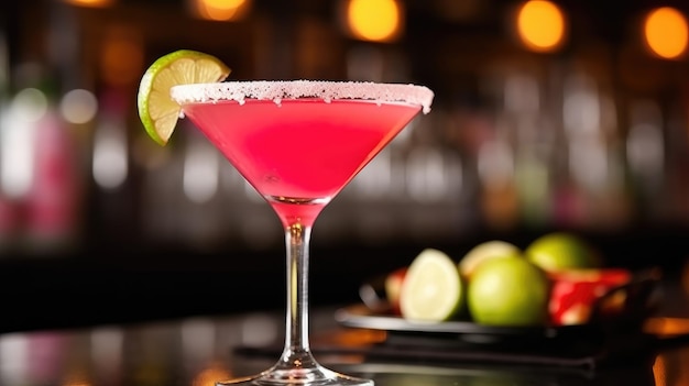 Un cocktail rosa con uno spicchio di lime sul bordo