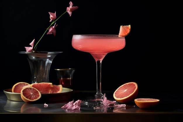 un cocktail rosa è mostrato con un fiore sullo sfondo.