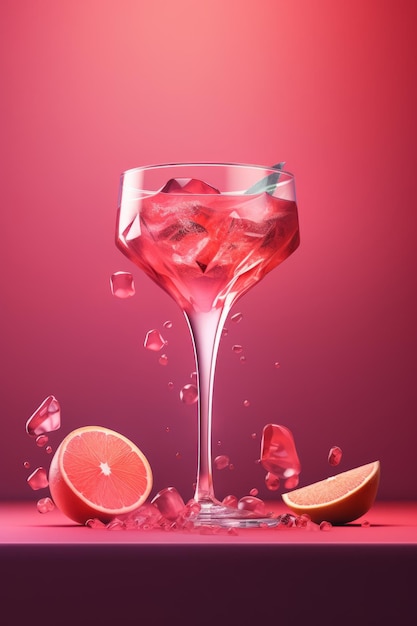 Un cocktail rosso con cubetti di ghiaccio e un bicchiere di succo.