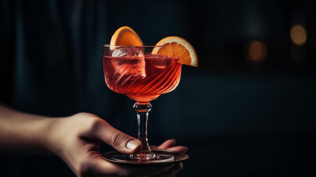 Un cocktail rosso con una fetta d'arancia trattenuta