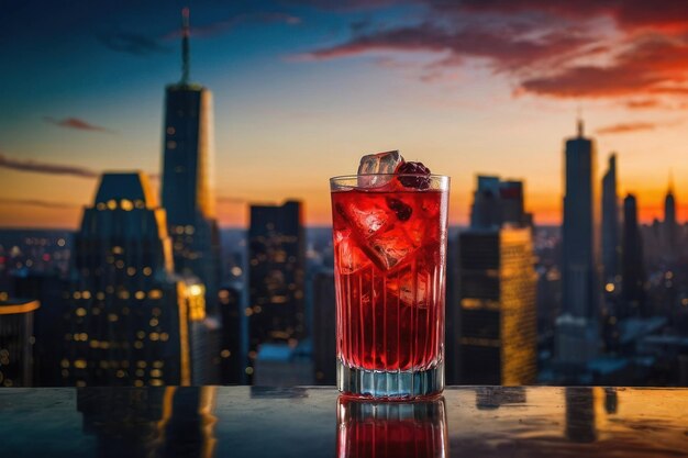 un cocktail Skyline Fizz in un bicchiere highball di colore rosso vibrante