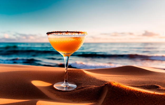 Un cocktail sulla spiaggia con un tramonto sullo sfondo