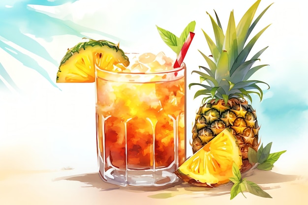 Un cocktail tropicale addobbato con una fetta di ananas sullo sfondo tropicale realistico