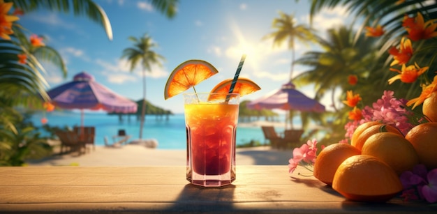 un cocktail tropicale colorato seduto su un tavolo vicino alle palme con gli ombrelli